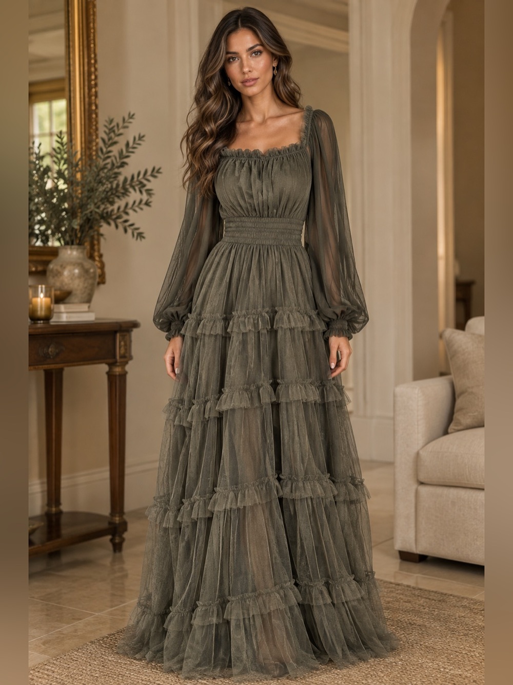 Olive Green Long Tulle Maxi Lace Women’s Dress XL
